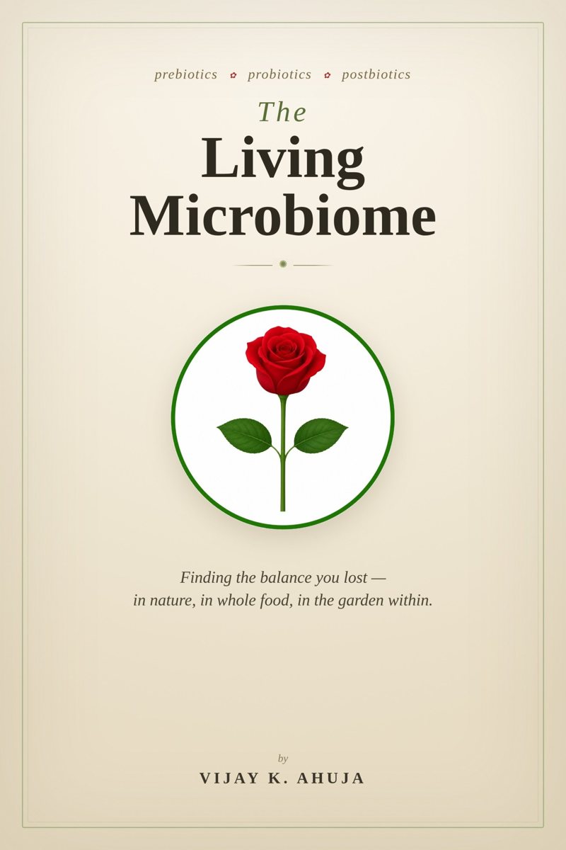 Cover of The Living Microbiome: Prebiotics, Probiotics, Postbiotics—and the Whole-Food Path to Balance by Vijay K. Ahuja
